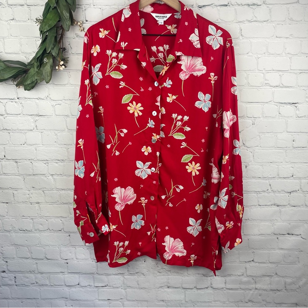 NIRA NIRA New York Vintage Oversize Red Floral Button Up Tunic Blouse size L